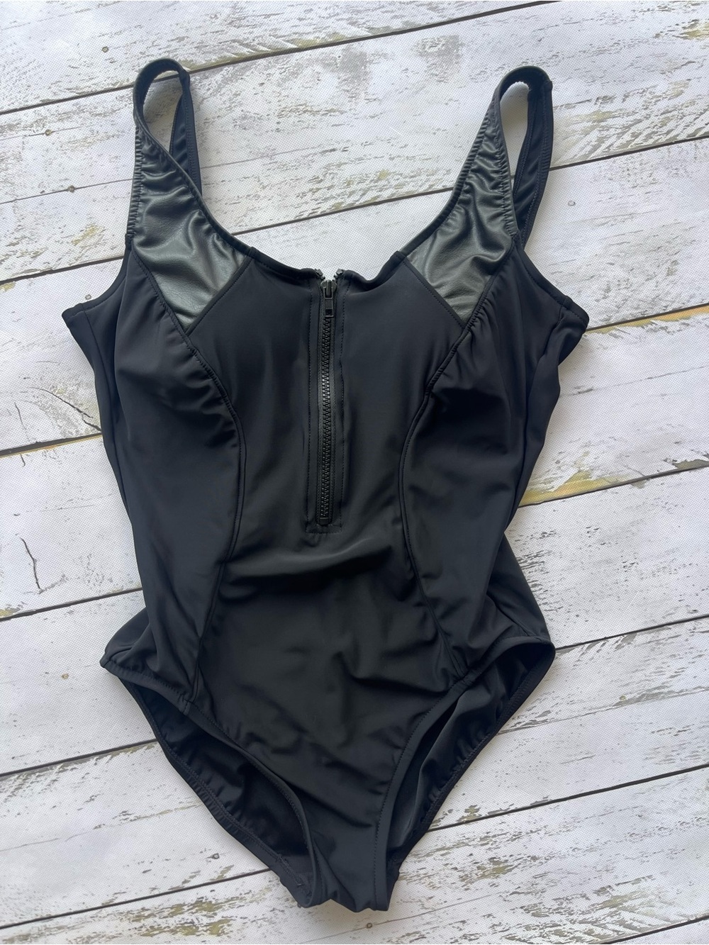Aqua Green Black Zip-Front One-Piece Swimsuit Large